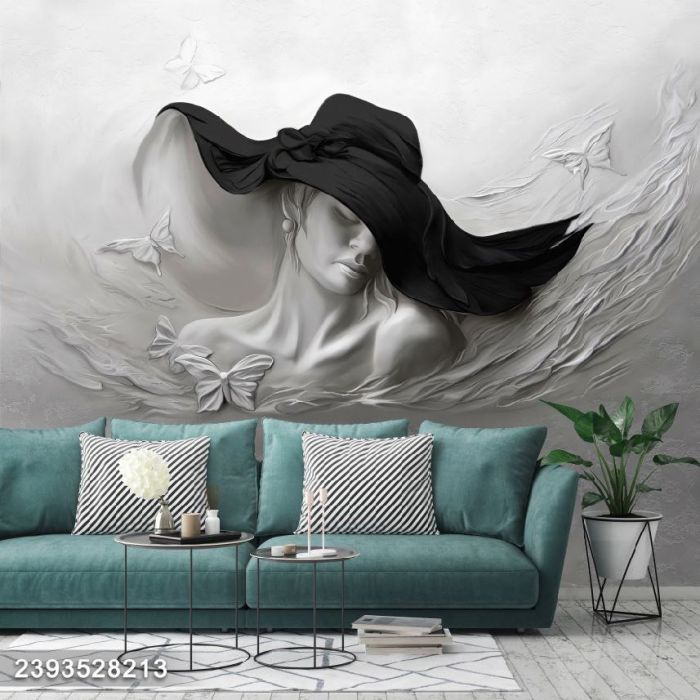 3D Фотошпалери, Жіноче обличчя в чорному капелюсі на світлому фоні, 2393528213