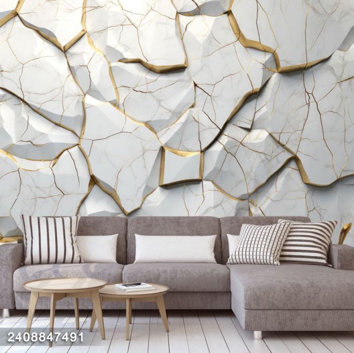 3D Фотошпалери, Золоті тріщини на світлій скелі, 2408847491