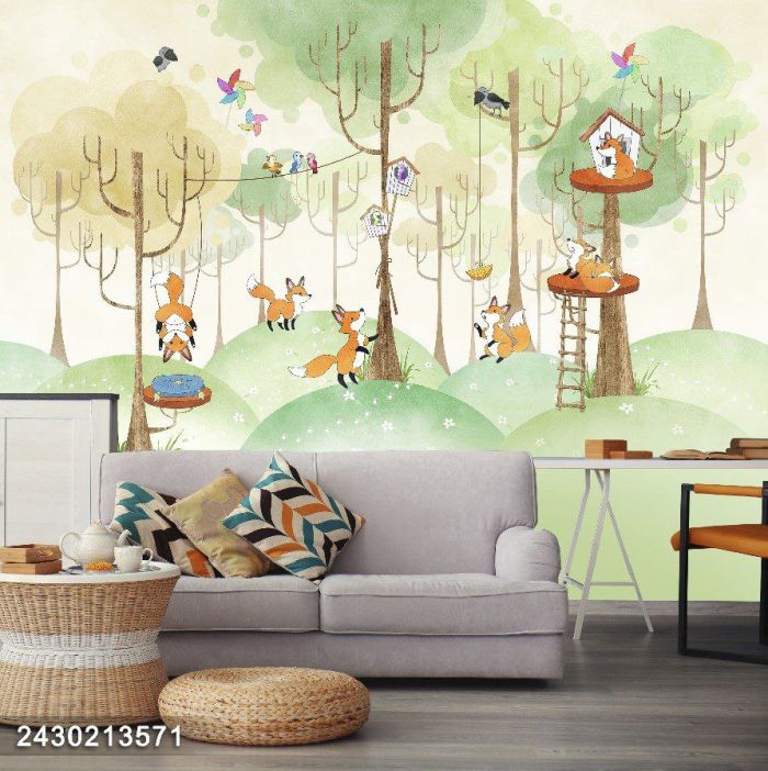 3D Фотошпалери, Лисиці в лісі на галявині, 2430213571