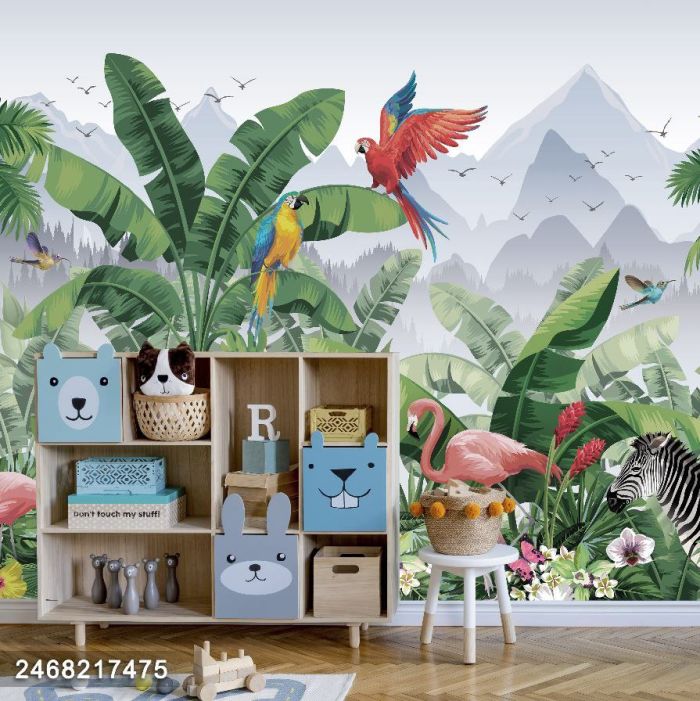 3D Фотошпалери, Папороті, фламінго та папуги, 2468217475