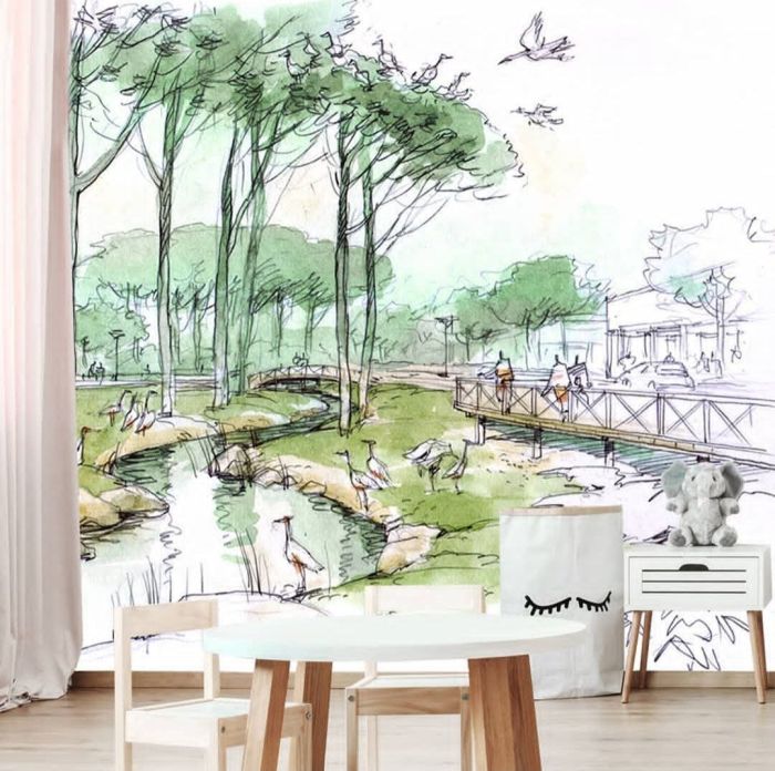 3D Фотошпалери, Сквер з струмком і птахами, DE212202422