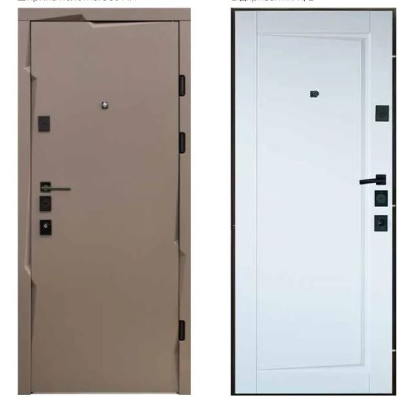 Двері вхідні, Тип-13 КВАРТИРА, Темний хакі софт.300 / Емаль Біла 337 Чорна Фурнітура 860 R RAL 9005, 138429