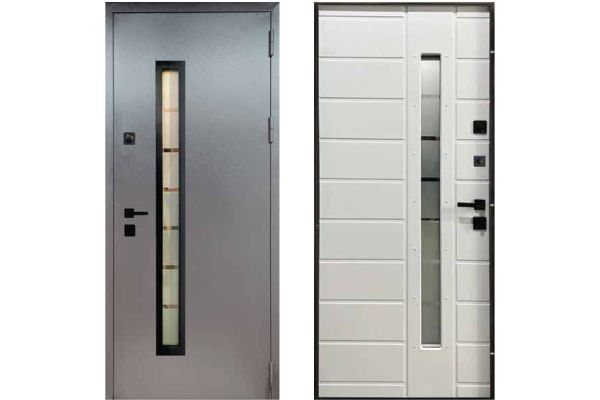 Двері вхідні, Тип-15 ВУЛИЦЯ, 814 метал RAL 8019 / Біле Дерево 148 Вінорит Чорна Фурнітура 860 R К026 RAL 8019 Коричневий короб, 143653