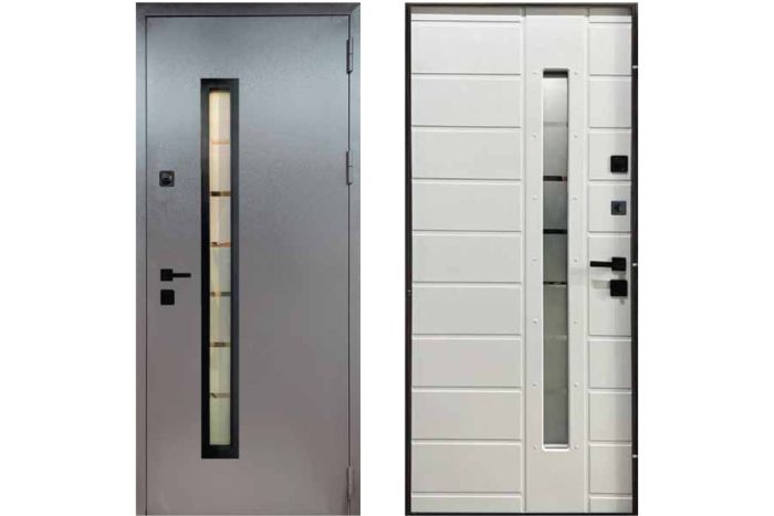 Двері вхідні, Тип-15 ВУЛИЦЯ, 814 метал RAL 8019 / Біле Дерево 148 Вінорит Чорна Фурнітура 860 L К026 RAL 8019 Коричневий короб, 143651