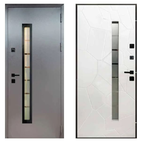 Двері вхідні, Тип-15 ВУЛИЦЯ, 814 метал RAL 8019 / Біле Дерево 142 Вінорит Чорна Фурнітура 960 R RAL 8019 К026 Коричний короб, 149226