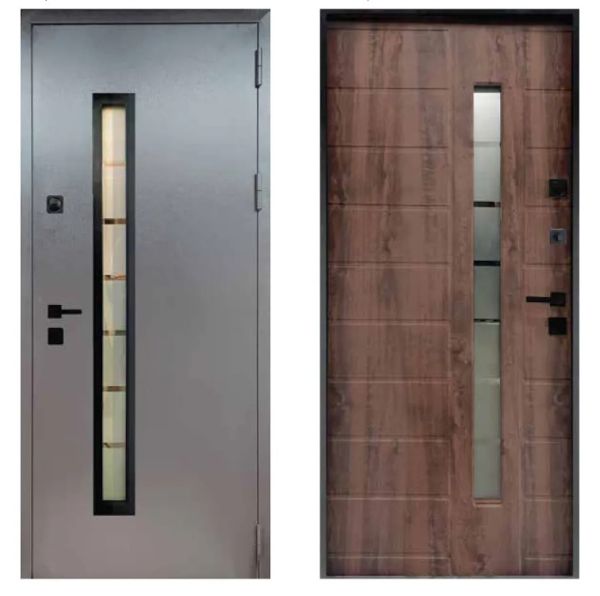 Двері вхідні, Тип-15 ВУЛИЦЯ, 814 метал RAL 8019 / Дуб Бронзовий 148 Вінорит Чорна Фурнітура 960 R RAL 8019 К026 Коричневий короб, 147884