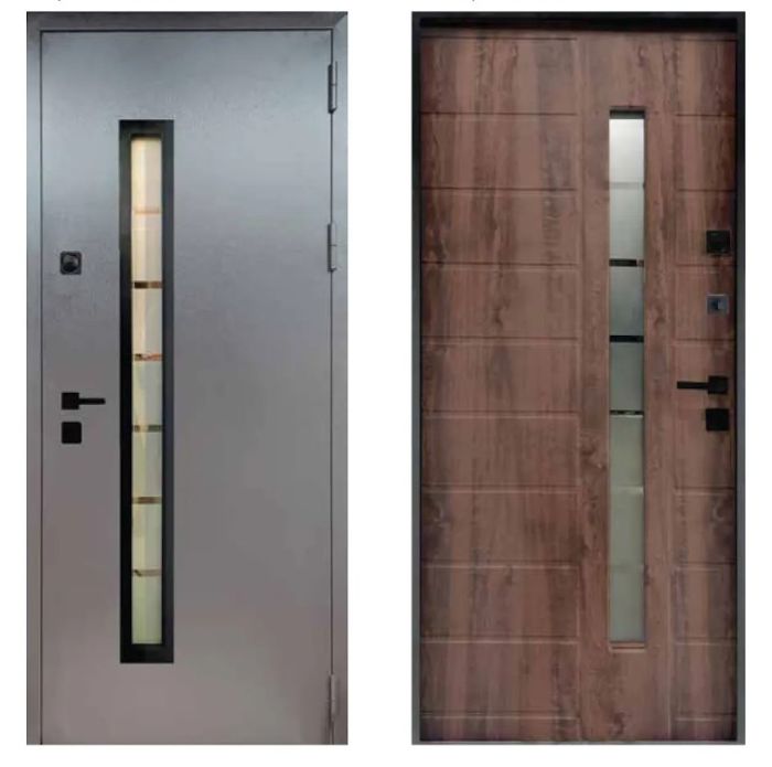 Двері вхідні, Тип-15 ВУЛИЦЯ, 814 метал RAL 8019 / Дуб Бронзовий 148 Вінорит Чорна Фурнітура 960 R RAL 8019 К026 Коричневий короб, 147884