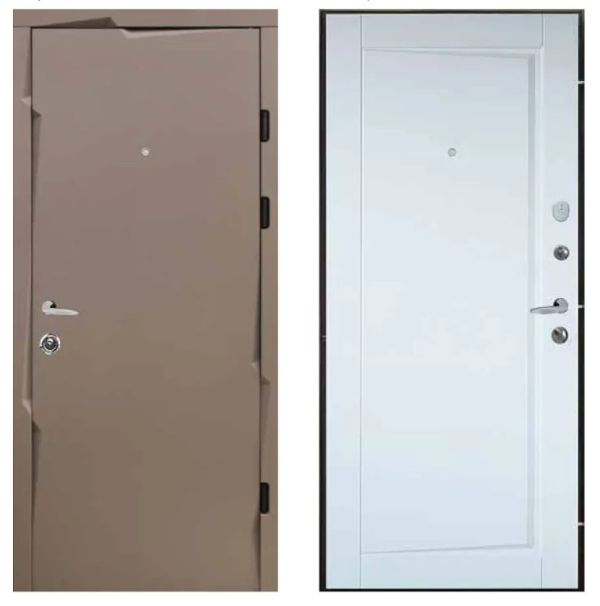 Двері вхідні, Тип-13 КВАРТИРА, Темно-сірий сатин софт.300 / Емаль біла 337 Чорна фурнітура 860 L RAL 9005, 152545