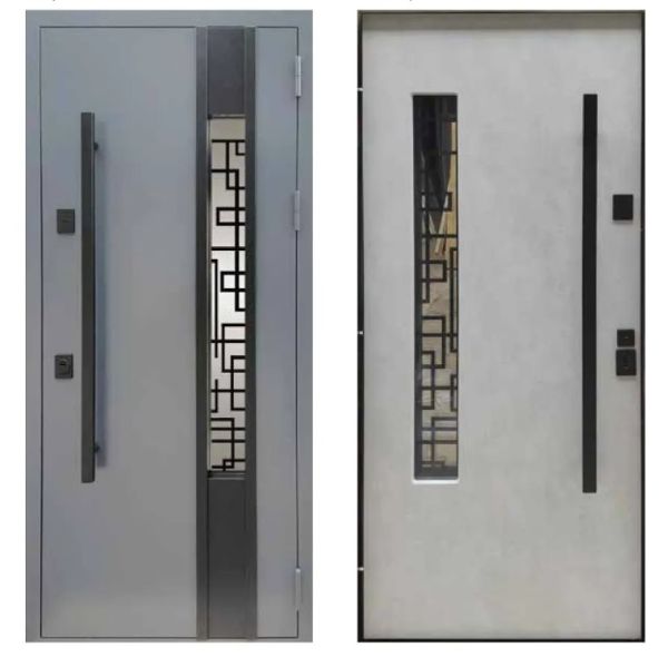 Двері вхідні, Тип-15 ВУЛИЦЯ, 823.1 метал RAL 7024 / Бетон сніжний 273 , Тягнуча ручка 960 L К018 RAL 7024 Сірий короб, 152548