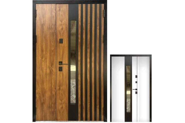 Двері вхідні, Тип-16 ВУЛИЦЯ, Дуб Золотий метал 720.1 / Біле дерево термо 0 скло00 Чорна Фурнітура 1200 R, 152551