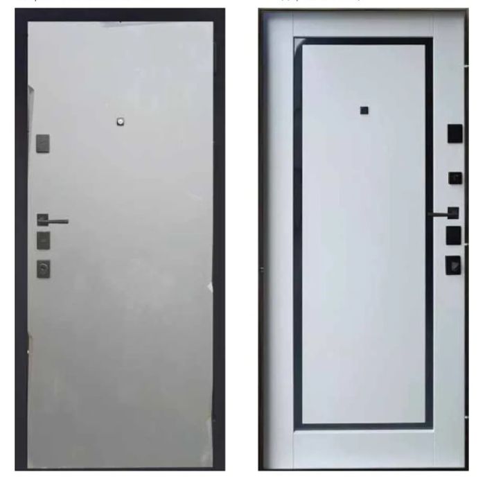 Двері вхідні, Тип-13 КВАРТИРА, Мусонне дерево софт.300 / Емаль Біла 639.1 Чорна Фурнітура 860 R RAL 9005, 153743